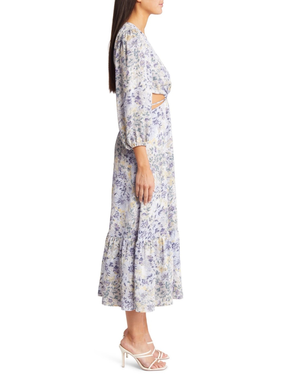 Floret Studios Floral Long Sleeve Cutout Waist Dress